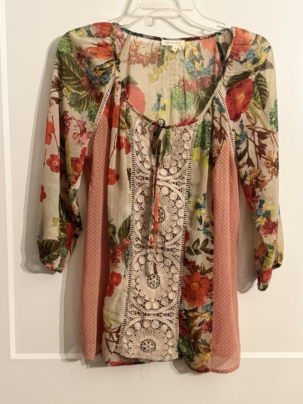 Anthropologie Meadow Rue Roselle Sheer Floral Peasant Boho Flowy Blouse Sz M
